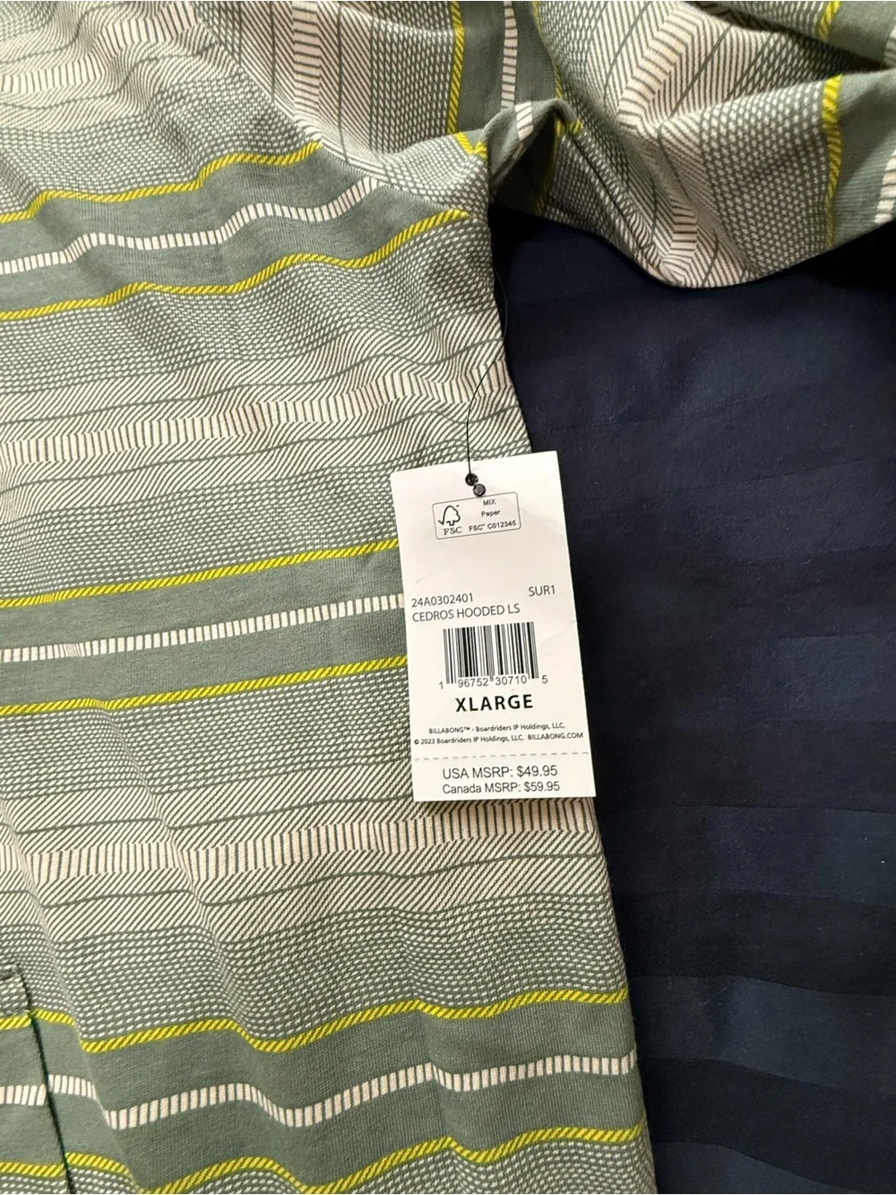 Billabong Olive Green & Yellow Striped Hooded Pullover NWT